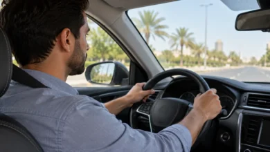 سائق ينظر للأمام ويمسك المقود بكلتا يديه داخل سيارة