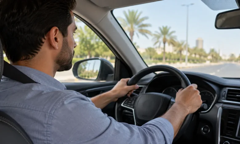 سائق ينظر للأمام ويمسك المقود بكلتا يديه داخل سيارة