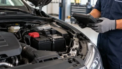 بطارية مثبتة داخل حجرة محرك السيارة وبجانبها فني يحمل جهاز فحص