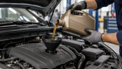 فني يعبئ زيت المحرك عبر قمع داخل حجرة محرك سيارة